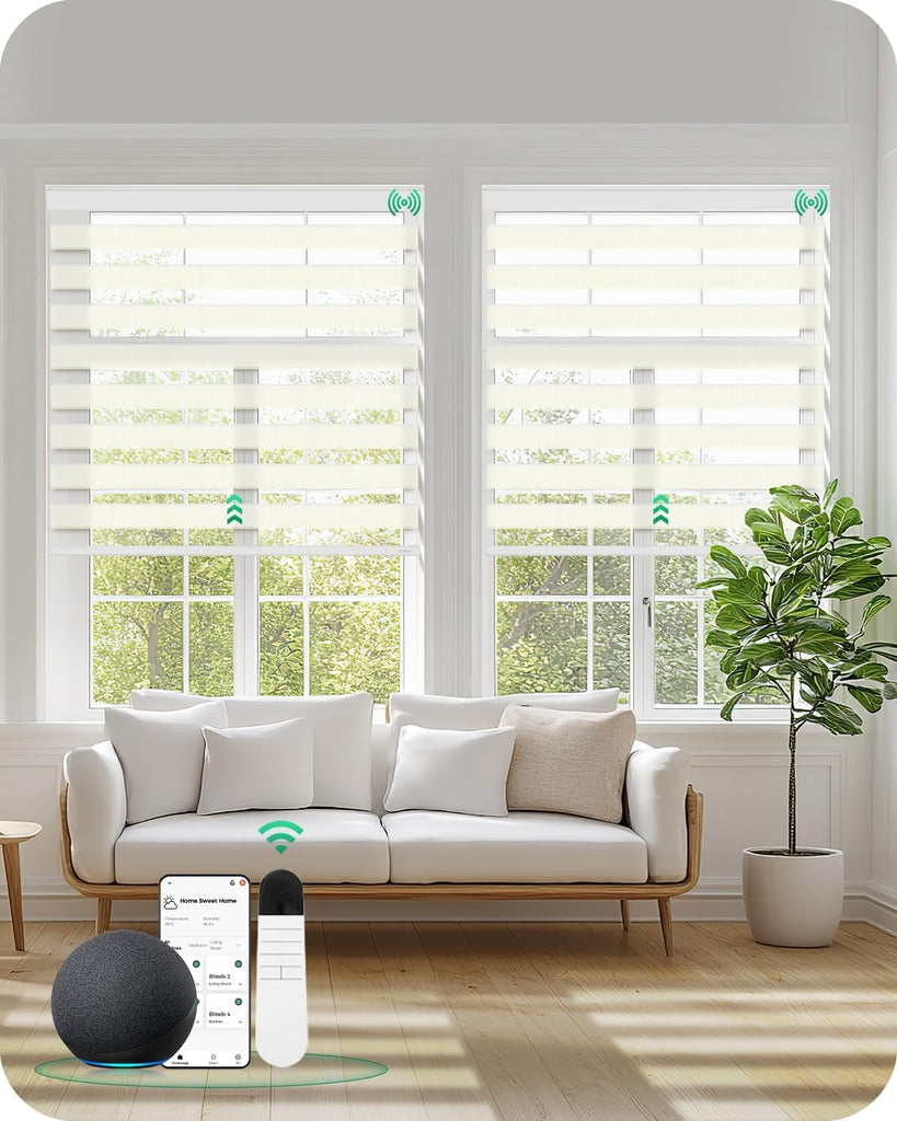 Motorized Zebra Blinds with Remote, Electric Dual-Layer Shad - Pearl White