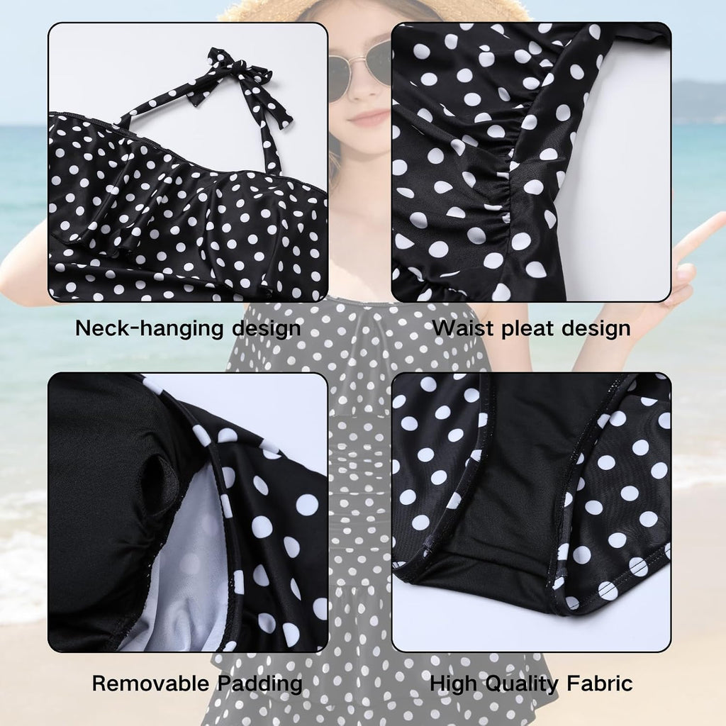 Teen Girl Swimsuit Two Piece Bikini Sets Halter Neck Polka Dots Cover Up Skirt Bathing Suit