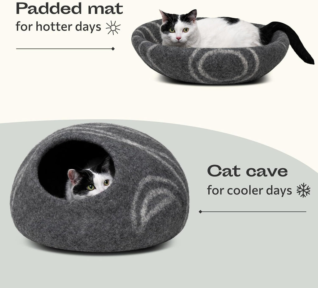 Cat Cave - Premium Felt Cat Bed for Indoor Cats, Handmade Merino Wool (Dark Grey, Medium)