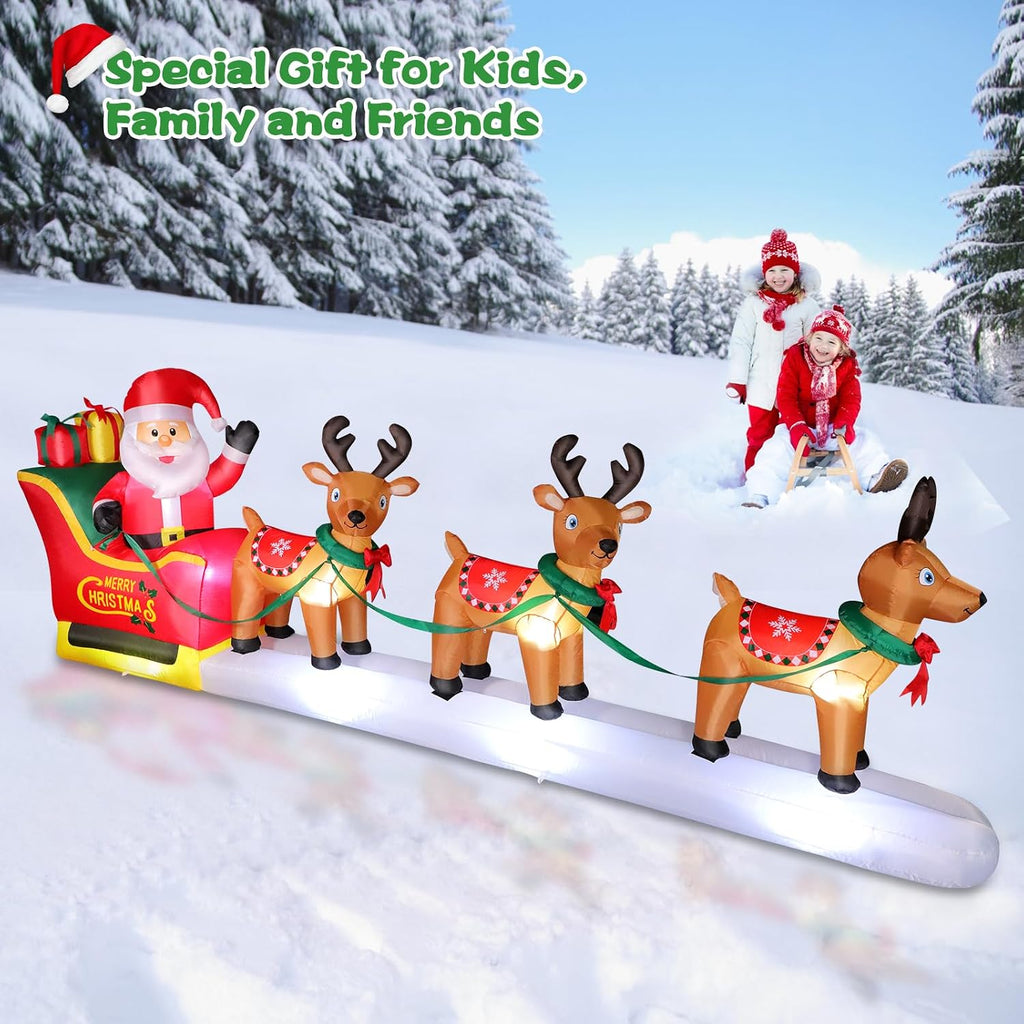 12FT Long Christmas Inflatables Santa Claus on Sleigh with 3 Reindeer Yard Decoration, Cute Blow Up Santa Xmas Decor