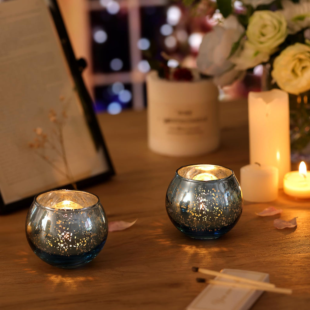 Round Blue Votive Candle Holder Set of 12, Mercury Glass Votives
