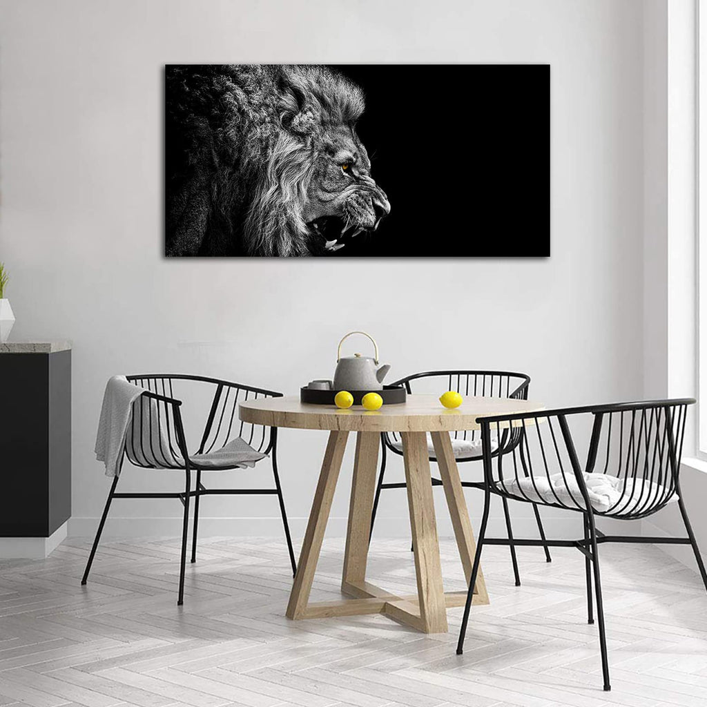 Large Black and White Lion Canvas Wall Art Modern Beast Pictures, 20"x40"
