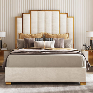 Queen Size Velvet Upholstered Bed with Gold Trim Headboard, Cream