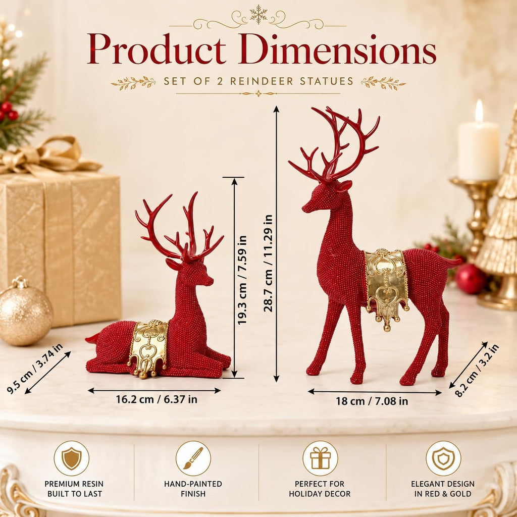 Red Gold Reindeer Figurines Set of 2 for Christmas Tabletop Decor