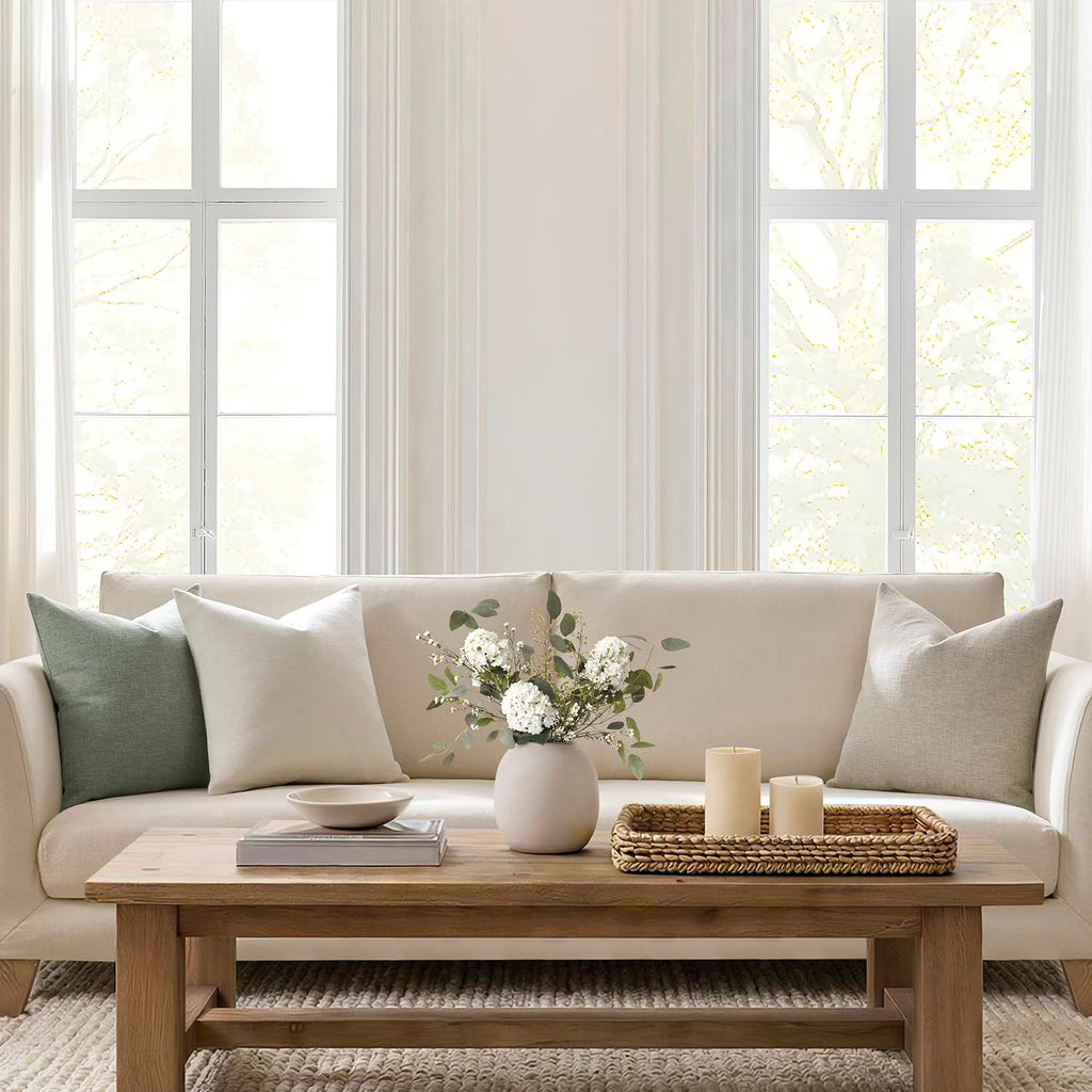 Set of 2 Ivory Throw Pillow Covers 20x20, Modern Farmhouse Linen Blend Decorative Pillow Covers, Neutral Home Decor