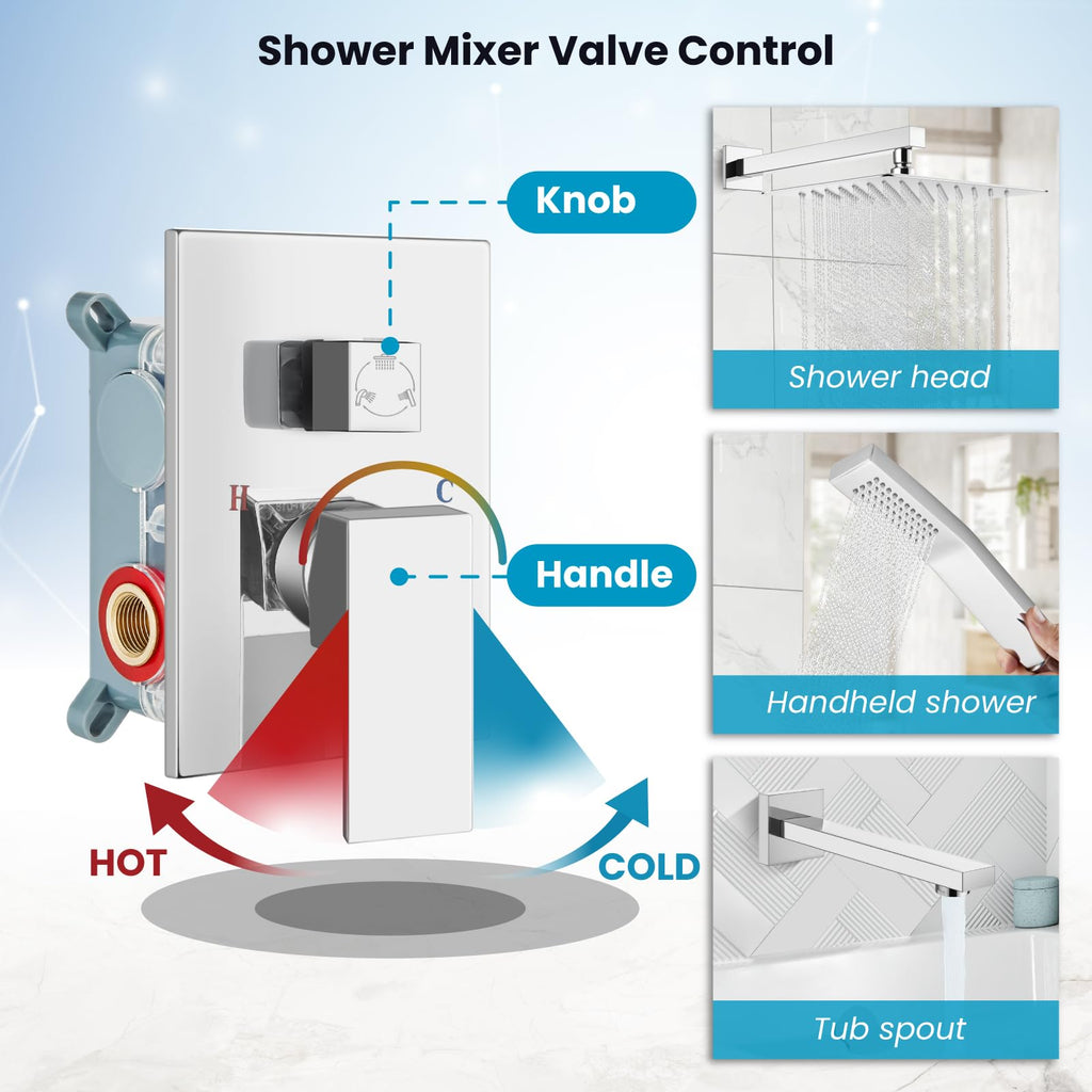 Bathtub Shower Faucet Set, 12 Inch Shower Head, Polish Chrome