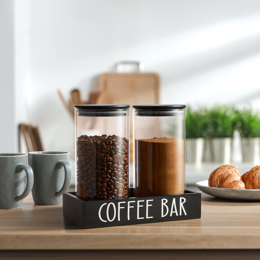 Glass Coffee Canister for Ground Coffee - 2Pcs 45oz Coffee and Sugar Container Set with Airtight Bamboo Lids and