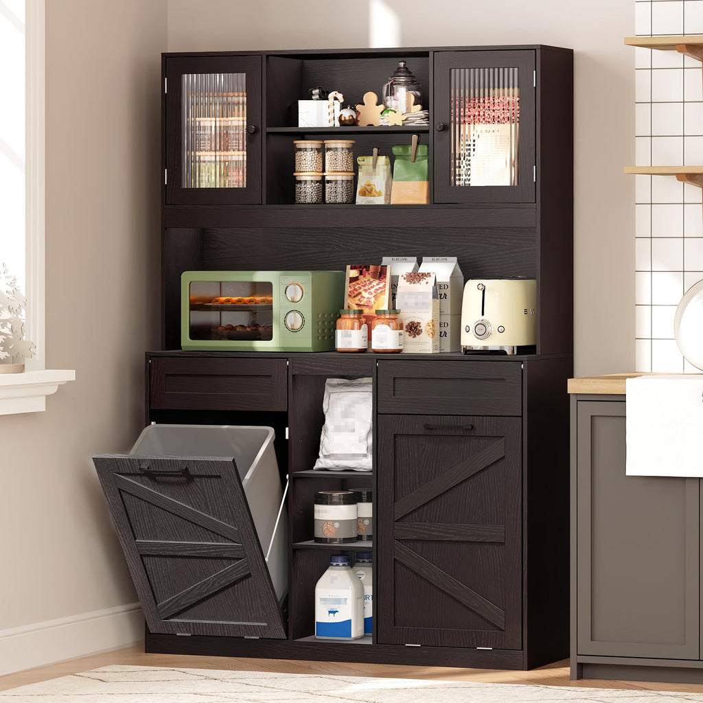 Tall Tilt-Out Double Laundry Hamper Cabinet with 2x11-Gallon Laundry Basket, Trash Bin Cabinet with Fluted Glass