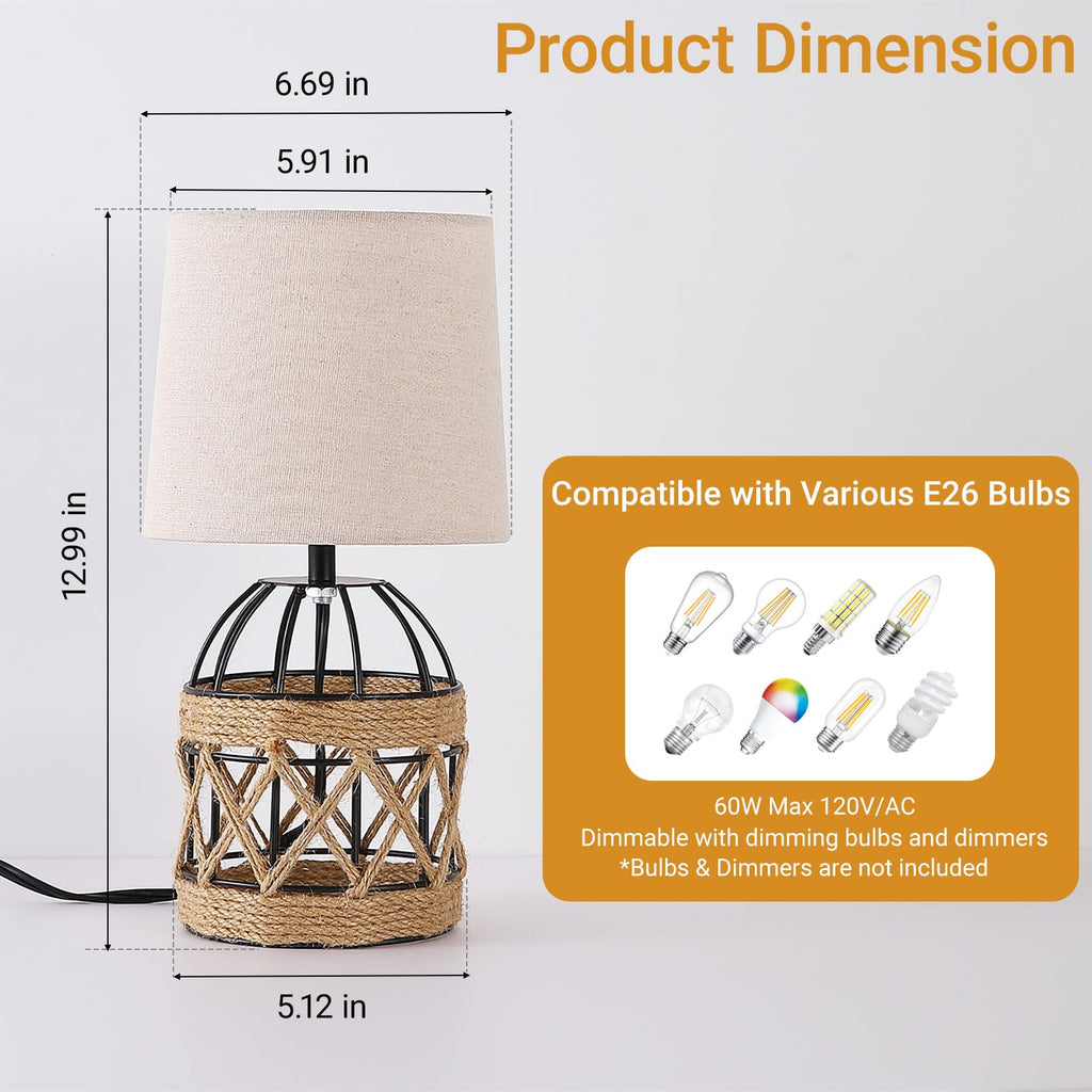2 Pack Boho Rattan Table Lamps, Small Bedside Nightstand Lamp with Metal Cage Base Linen Shade, Farmhouse Coastal