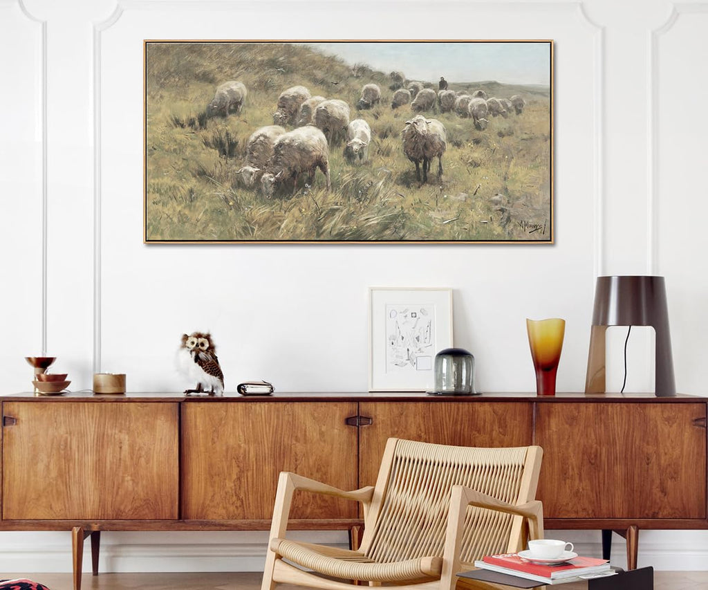 Large Framed Vintage Wall Art, Sheep on the Dunes Prints, 20x40in