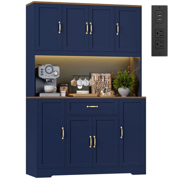 70" H LED Kitchen Pantry Cabinet, Hutch with Charging Station, Blue