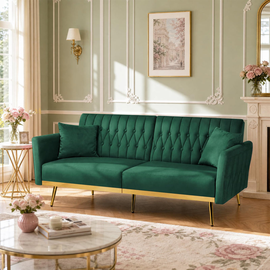 70" Futon Sofa Bed w/Adjustable Armrests, Green