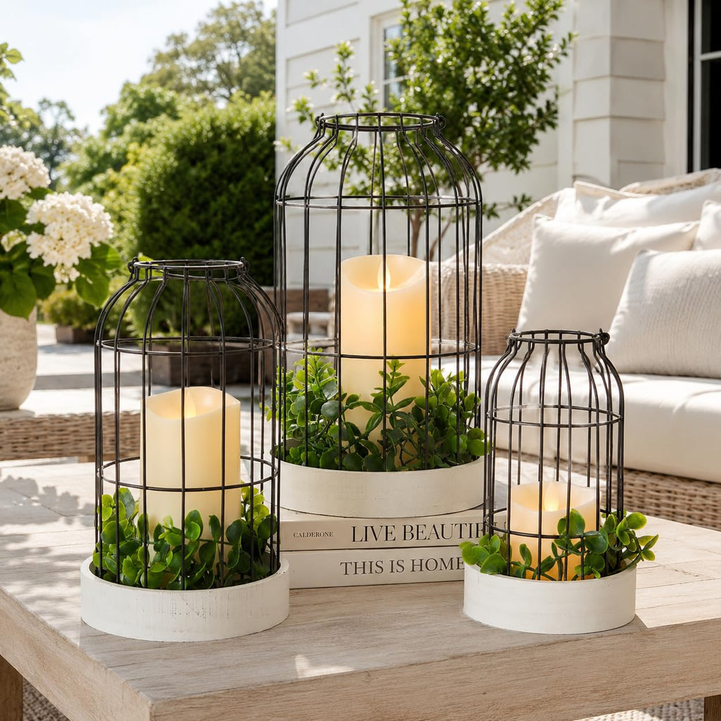 Rustic Farmhouse Lantern Decor Set of 3 Lanterns Decorative Indoor and Outdoor, Fireplace Mantle or Kitchen Dining