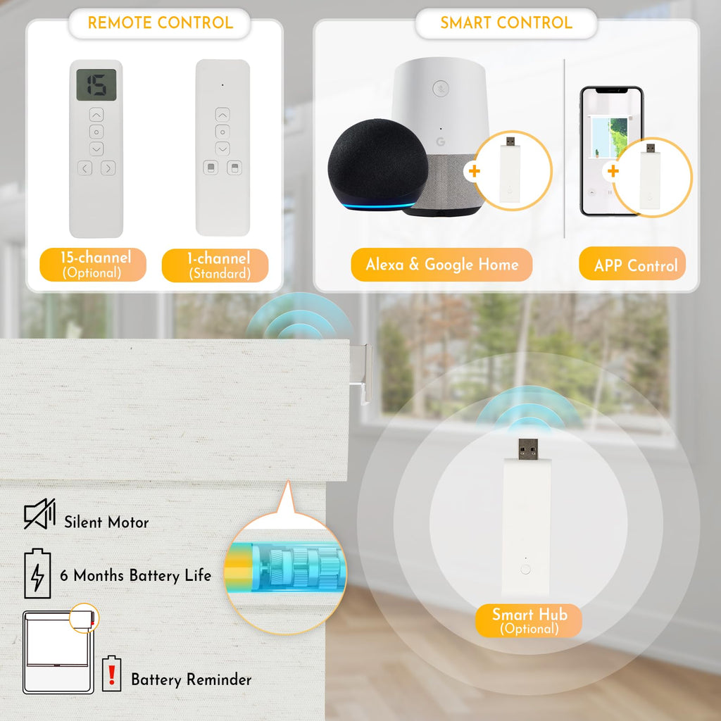 Smart Motorized Blinds with Remote, No Drill Automatic Roller Shades for Indoor Windows, Light Filtering Linen