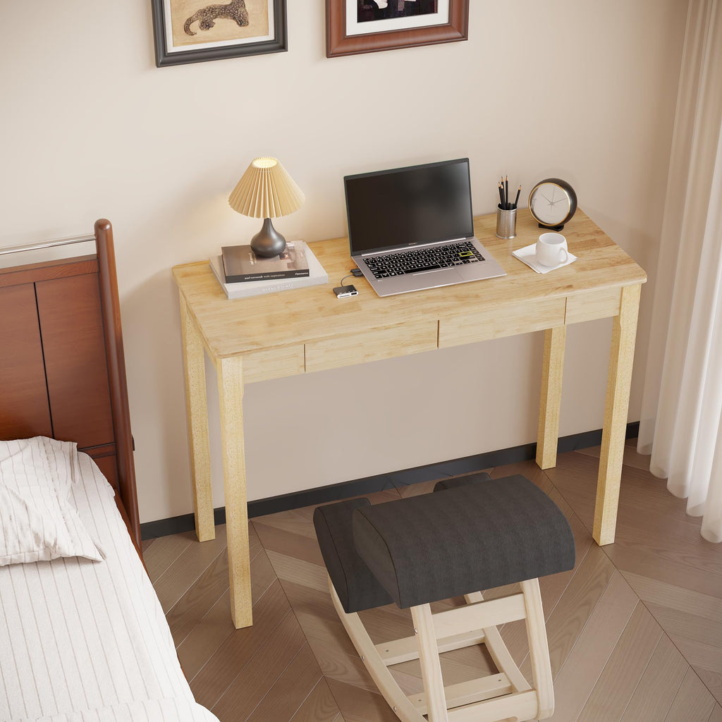 Solid Wood Desk with Drawers - 39 x 16 Inch Simple Narrow Desks, Rubber Wood Study Table, Small Writing Desk for