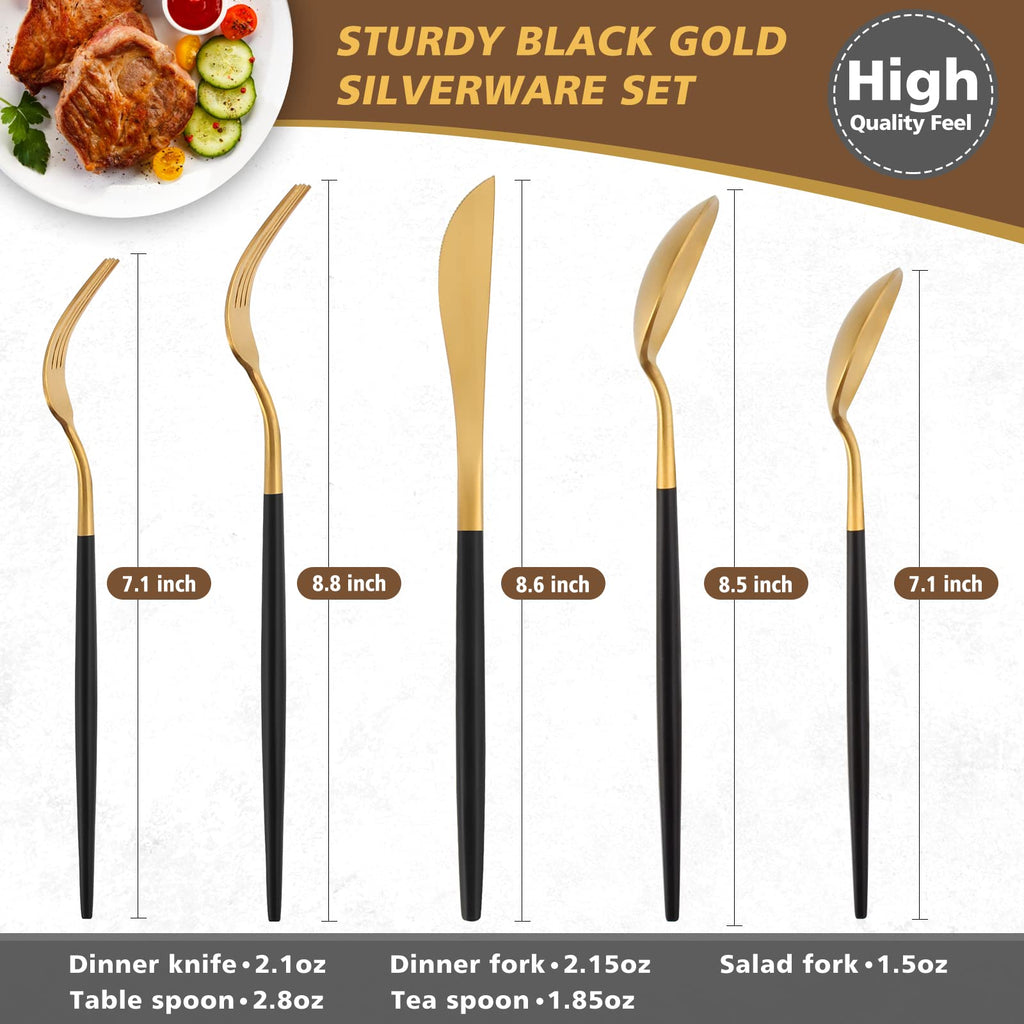 20pc Matte Black Gold Silverware Set for 4,Satin Finish Utensil Set