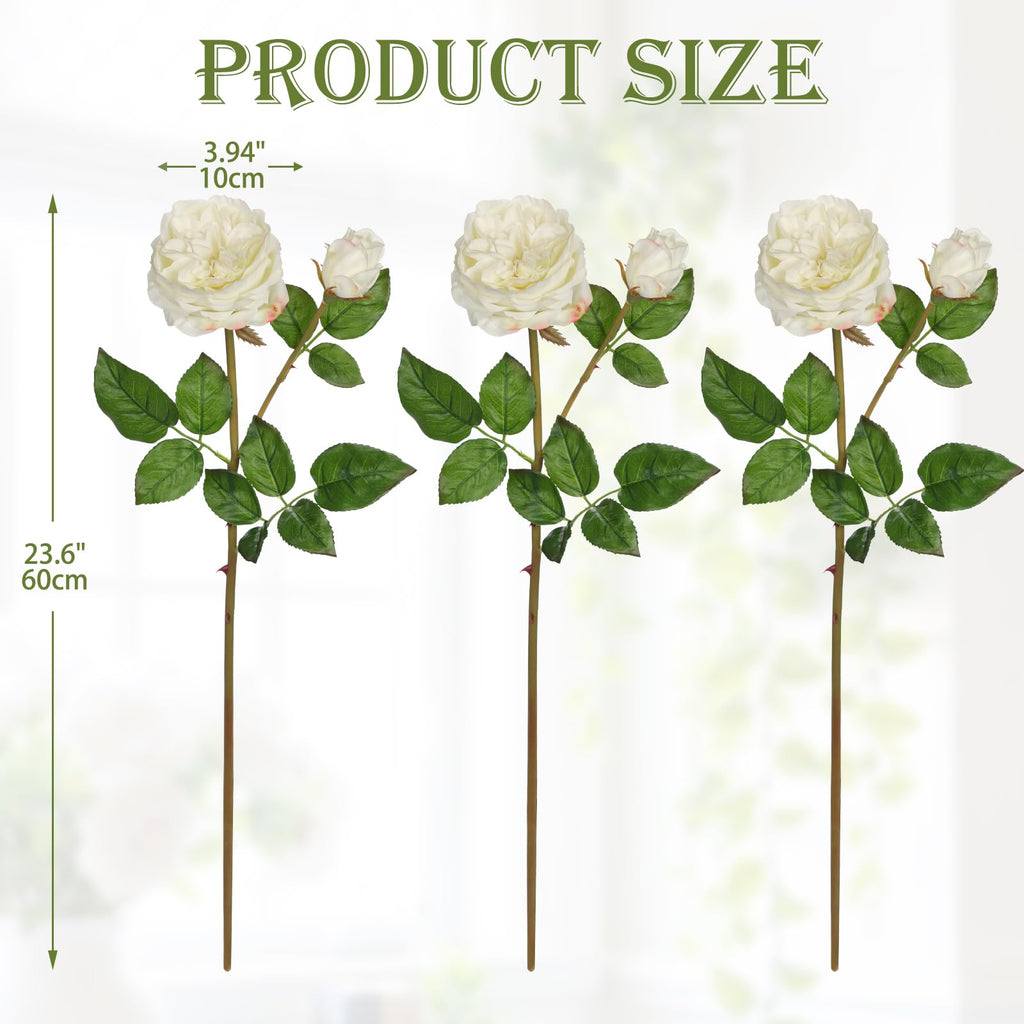 Real Touch Artificial Roses (Set of 3) - 23.6" Long Stem White Garden Roses - Lifelike Faux Silk Flowers for Wedding