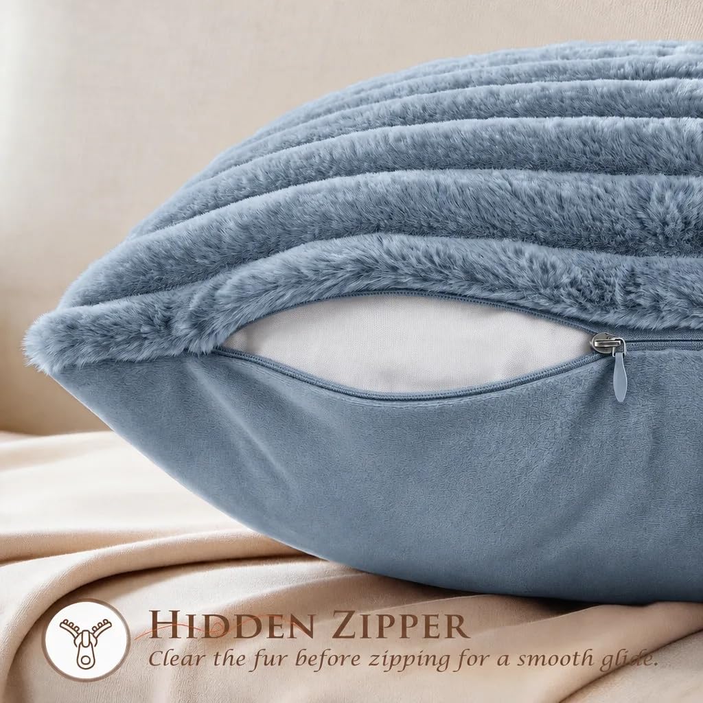 Set of 2 Decorative Throw Pillow Covers 20x20 Fall Faux Fur Light Blue