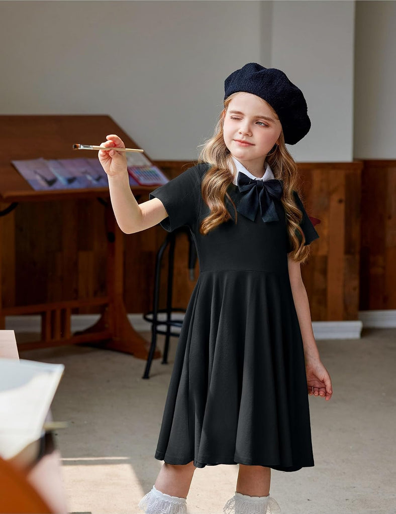 Girl's Summer Dresses Short Sleeve Casual Holiday Skater Twirl Dress with Pockets