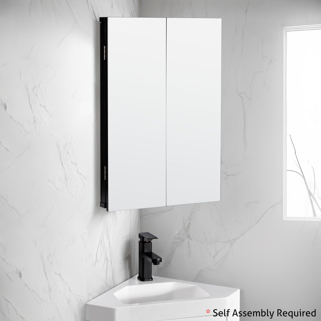 24" Bathroom Corner Medicine Cabinet W/Mirror, Double Doors Bathroom Black Wall Mount Mirror Cabinet, Hanging Triple