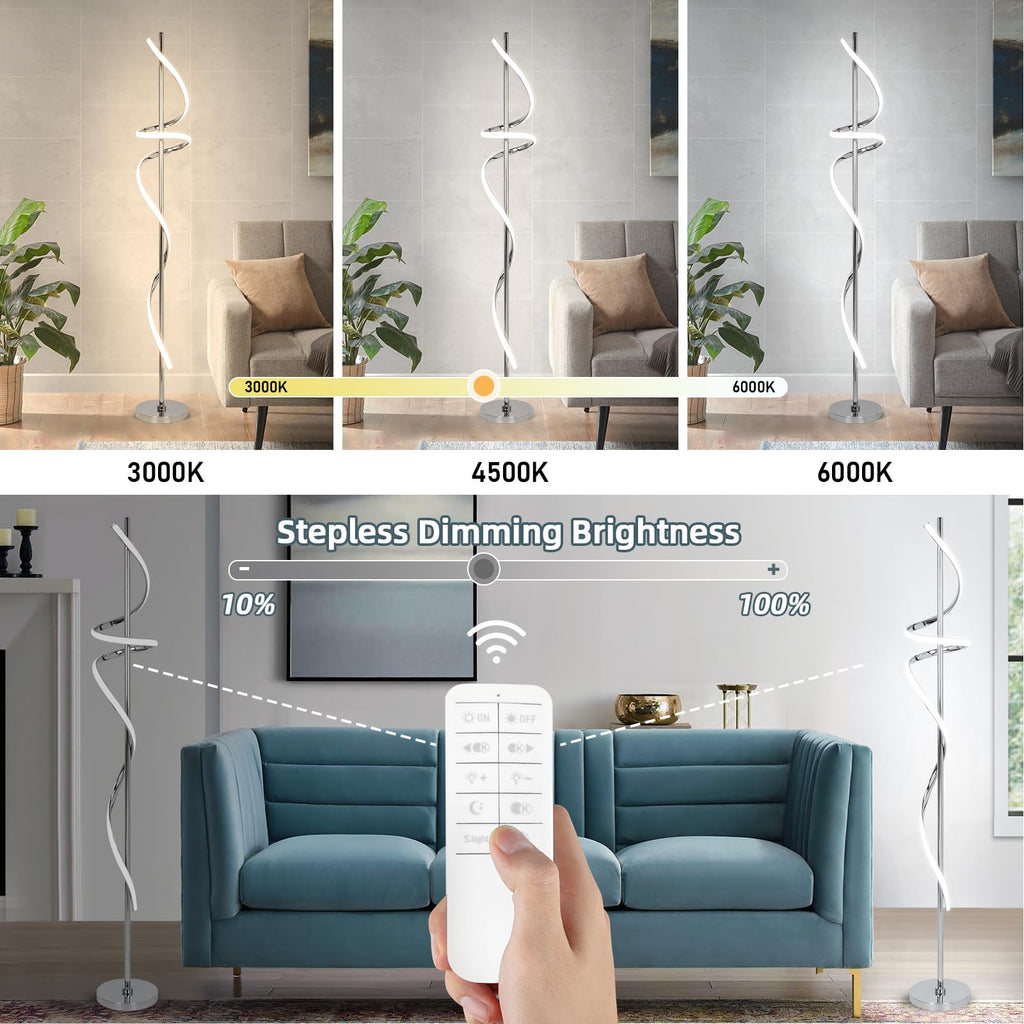 Modern Floor Lamp with Remote Control, Dimmable LED Floor Lamp, 48W Spiral Floor Light with 3 Color Temperatures