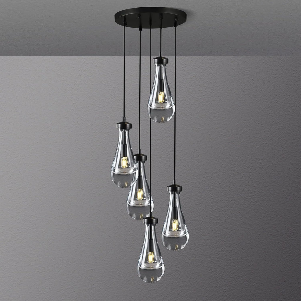 Raindrop Pendant Lights Kitchen Island Teardrop Black Hanging Light Fixtures Clear Solid Glass Pendant Light Modern Chandeliers for Dining Room Porch Corridor Living Room (5-Light) A121-B0CJFC4B74