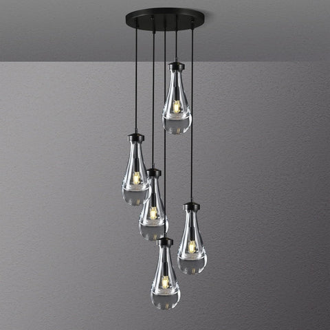 Raindrop Pendant Lights Kitchen Island Teardrop Black Hanging Light Fixtures Clear Solid Glass Pendant Light Modern Chandeliers for Dining Room Porch Corridor Living Room (5-Light) A121-B0CJFC4B74