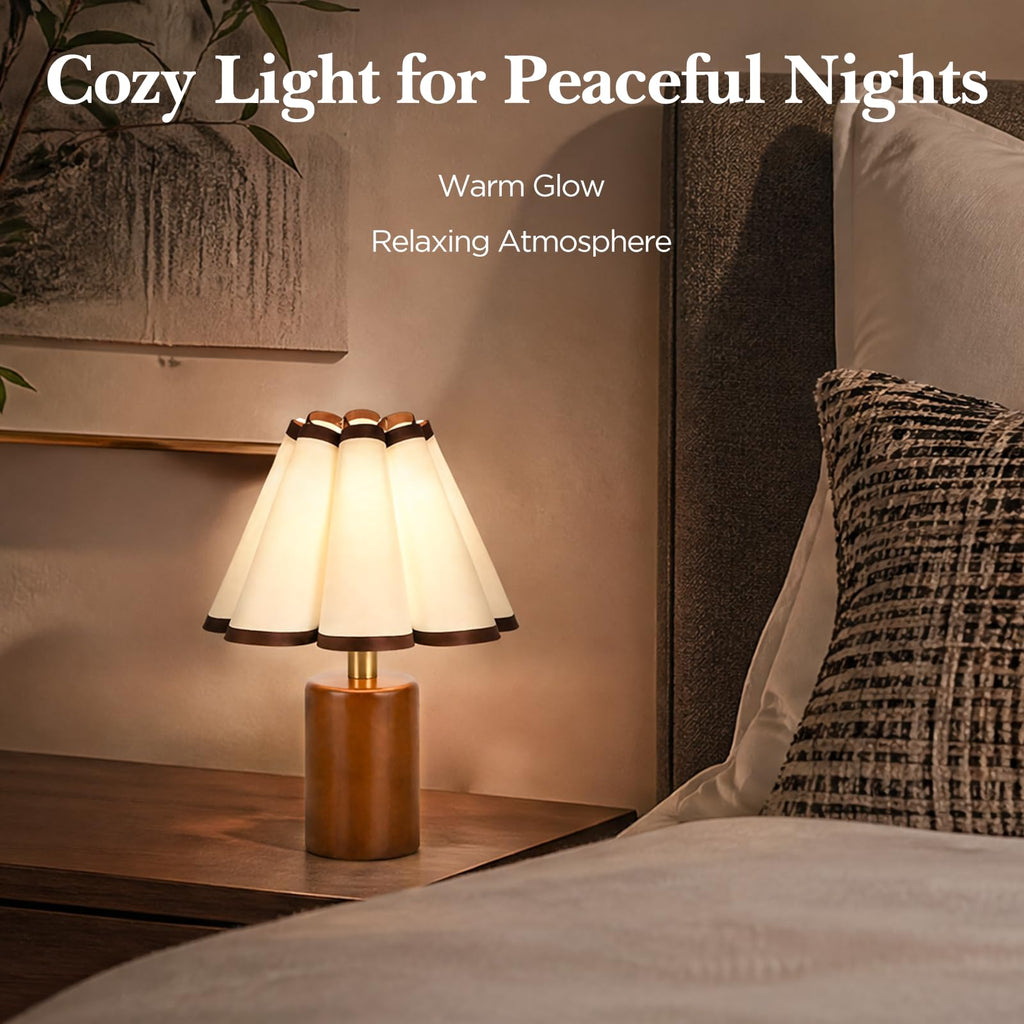 ModernTable Lamp, 12.6" Small Nightstand Light with Pleated Linen Shade&Solid Wood with Walnut Finish Base, Bedside