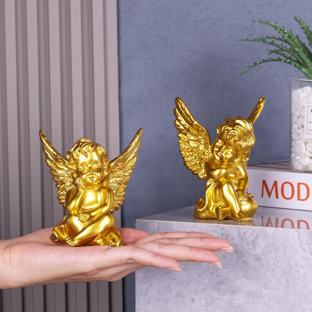2 Pack Resin Cherubs Gold Angel Statue Figurine, Garden Sleeping Cherub Statue Sculpture Indoor Outdoor Home