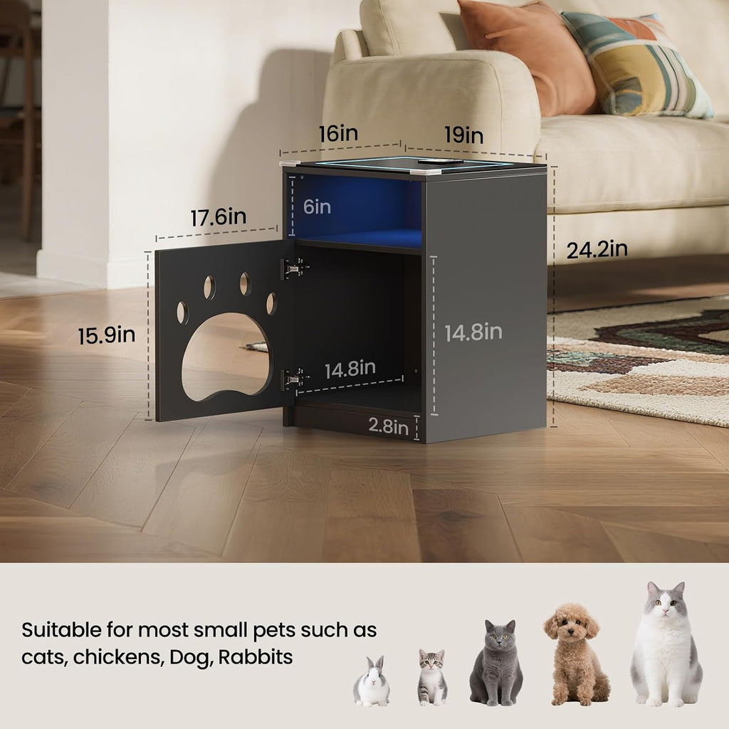 Cat House Night Cabinet with Charging Station & LED Lights, Modern Wooden Night Stand with Cozy Hidden Cat Condo