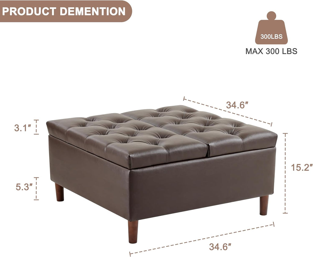 35" Large Storage Ottoman Coffee Table, Square Ottoman, Brown | Oversized Square Ottoman with Storage, No Assembly