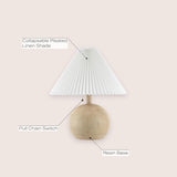 17.25" Beige Wood Finish/White Sphere Table Lamp, Mid-Century Bedside Nightstand with Beige Pleated Linen Shade