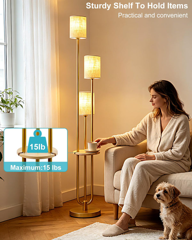 Dimmable Floor Lamp 3-Light Modern Floor Lamps with Table 3000K Warmwhite Gold Standing Lamp with 5Lbs Heavy Base