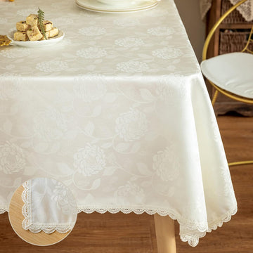 Rose Jacquard Textured Tablecloth Waterproof Spillproof Lace Trim Rectangle Table Cloth, Oblong Tabl