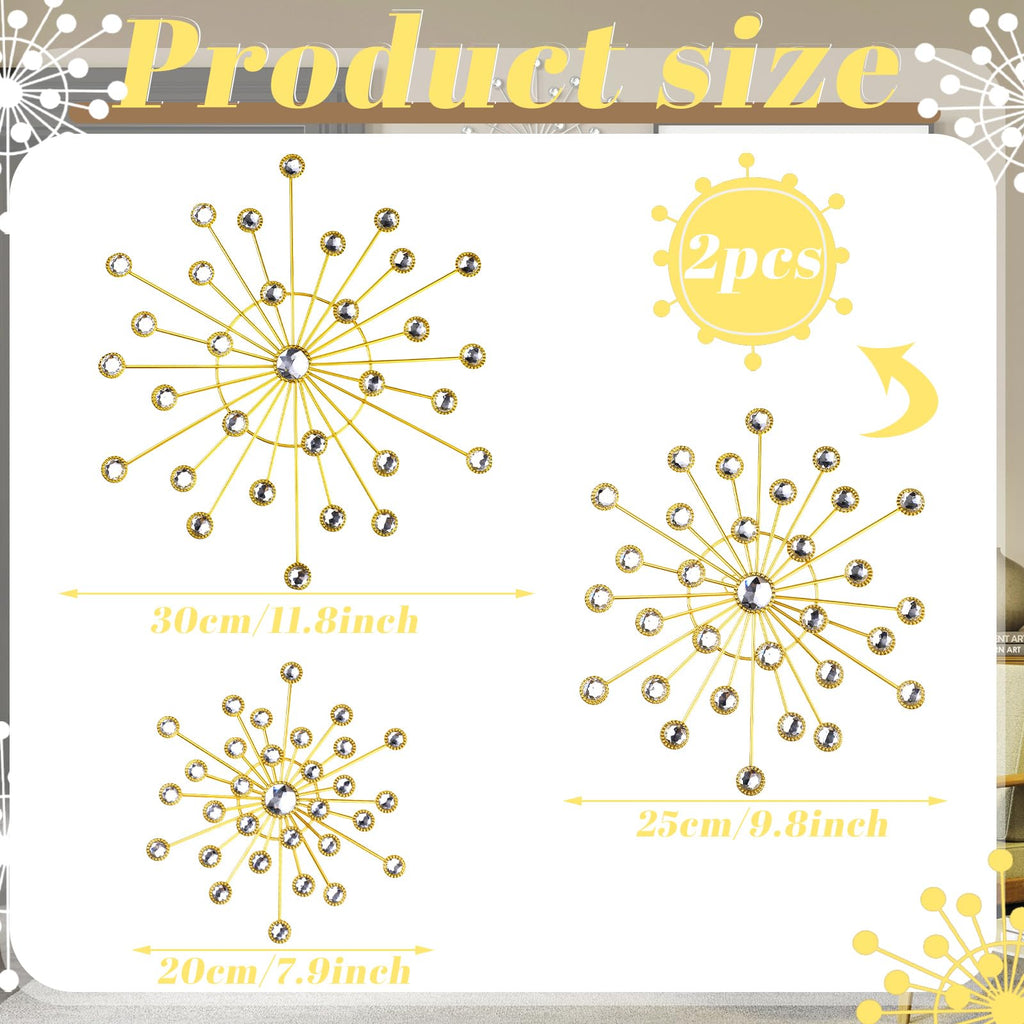 4 Pcs Gold Wall Decor Starburst Metal Wall Art with 3D Rhinestone