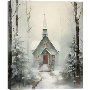Winter Cabin Wall Art Poster Print 24x36inch, Snowy Forest Scene Art, Framed Christmas Prints - Christmas Canvas