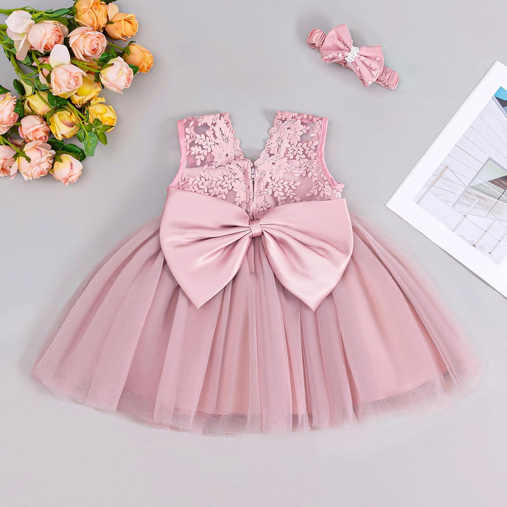 Lace Flower Baby Girl Dress with Big Bowknot Toddler Tulle Tutu for Formal Birthday Party