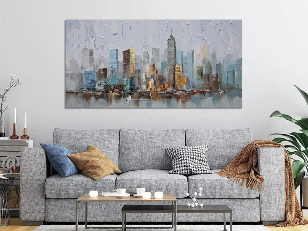 Abstract Cityscape Canvas Wall Art New York City Painting Modern Skyline Colorful NYC Grey Blue Picture, Large