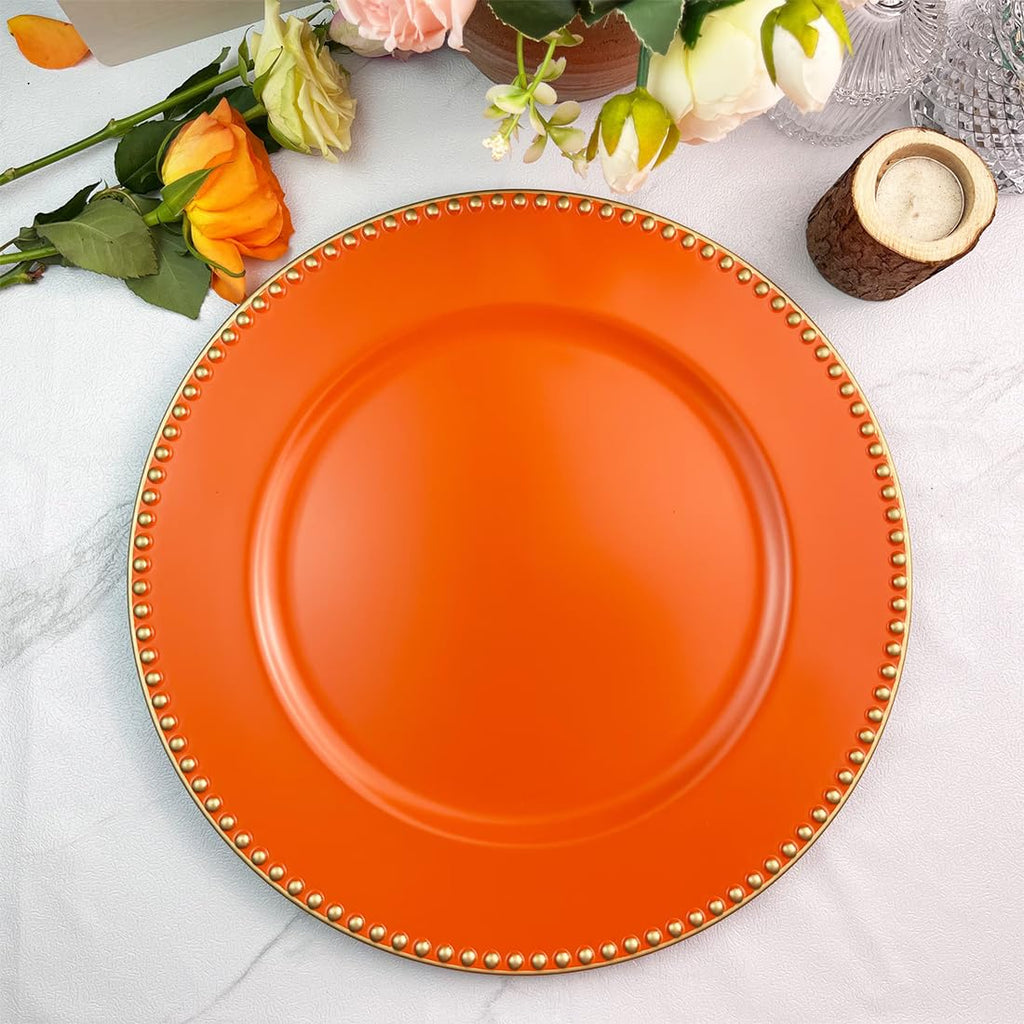 Orange Charger Plates with Beaded Rim, 13" Round Charger for Dinner Plates, Set of 6, Plastic Plate Chargers for
