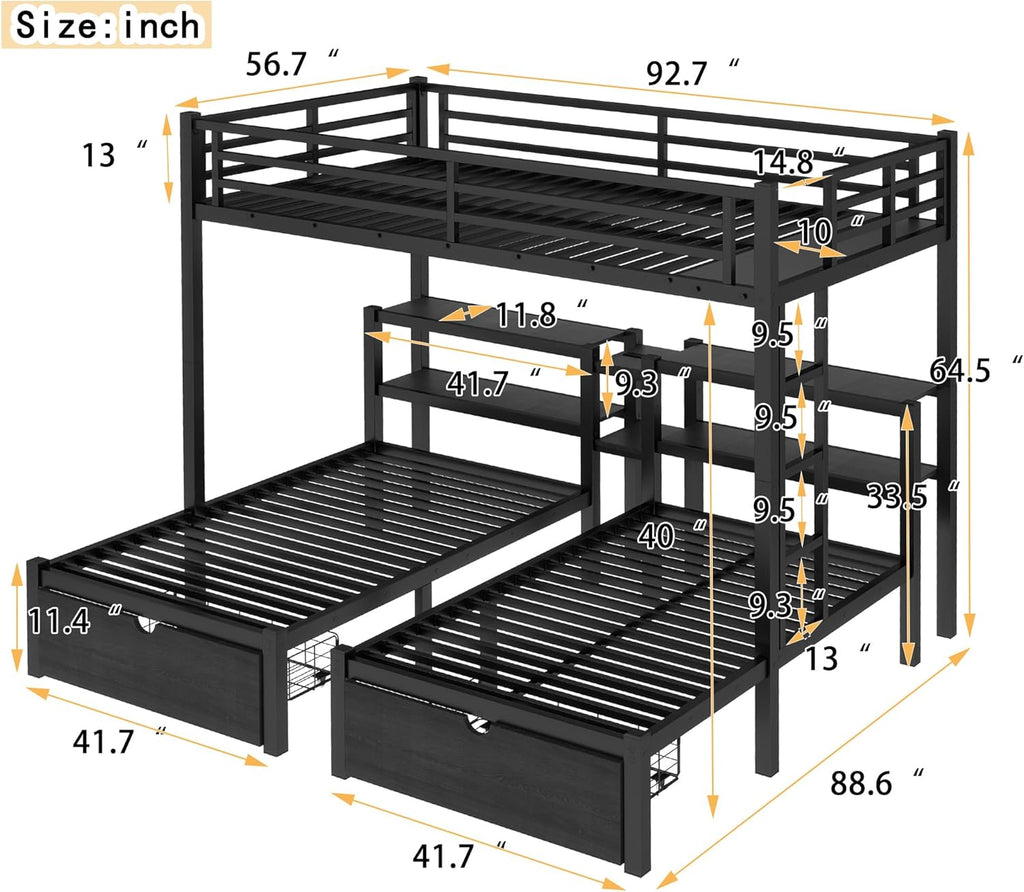 Heavy Duty Triple Bunk Bed with Storage Drawers, Shelves, Triple Bed with Charging Station