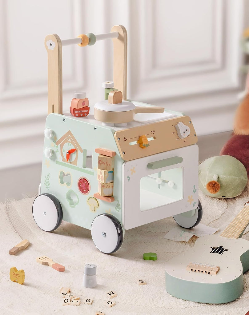 Wooden Baby Push Walker, Learning Walking Toys, Adjustable Height Baby Walker with Decelerator, Montessori Toys