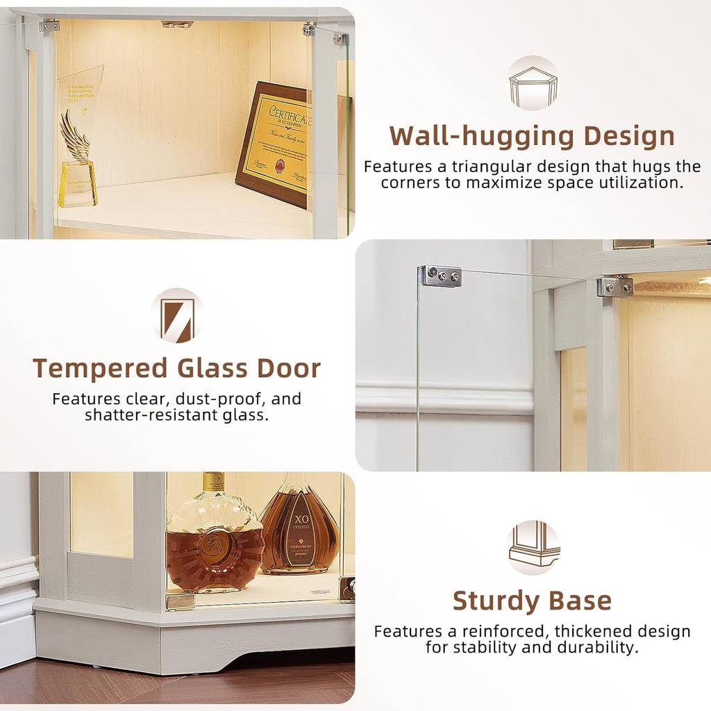 Farmhouse Corner Display Cabinet with Lock, White | Glass Display Cabinet with Doors, 3-Color Motion-Sensor Light &