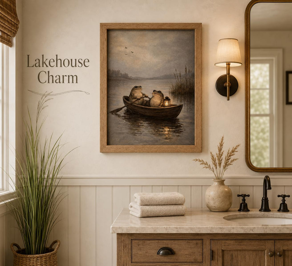 Framed Whimsical Frog Boat Ride Canvas Wall Art, Vintage Lantern Lake Painting, Cute Amphibian Rowing Print Wall