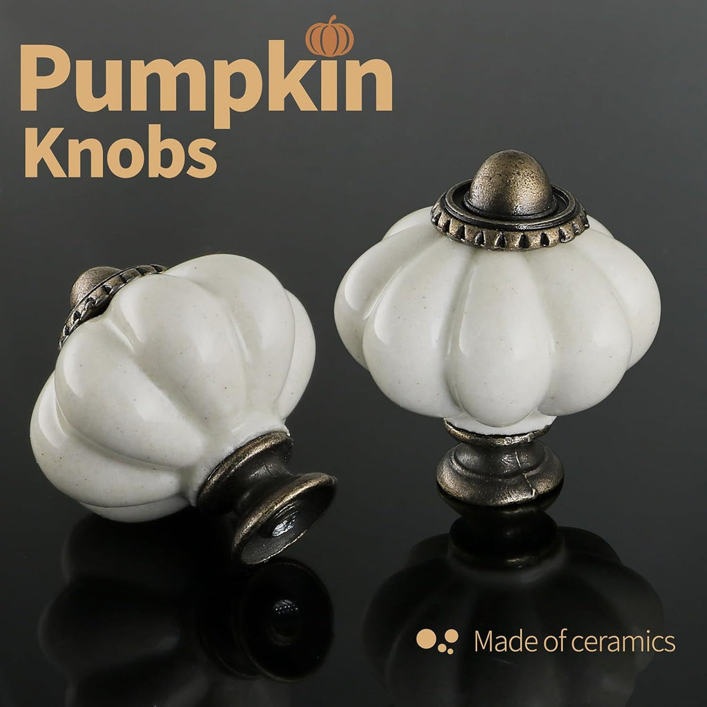 Antique White Pumpkin Knobs 2 Pack Ceramic Cabinet Knobs Vintage Drawer Pulls - Antique Dresser Pulls with Screws