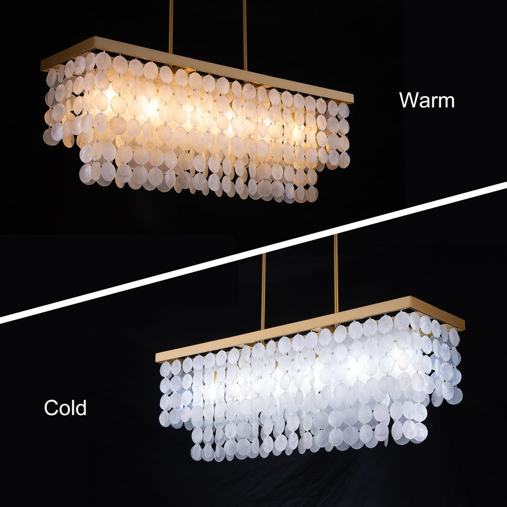 Rectangular Capiz Shell Chandelier, Coastal Beach Lighting 6 Lights, Modern Gold Chandelier Shell Pendant Light