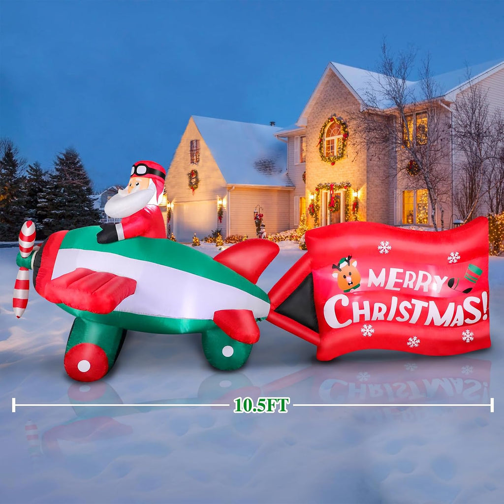 10.5 FT Animated Christmas Inflatables Santa Claus on Airplane, Santa Claus on Helicopter with Merry Christmas