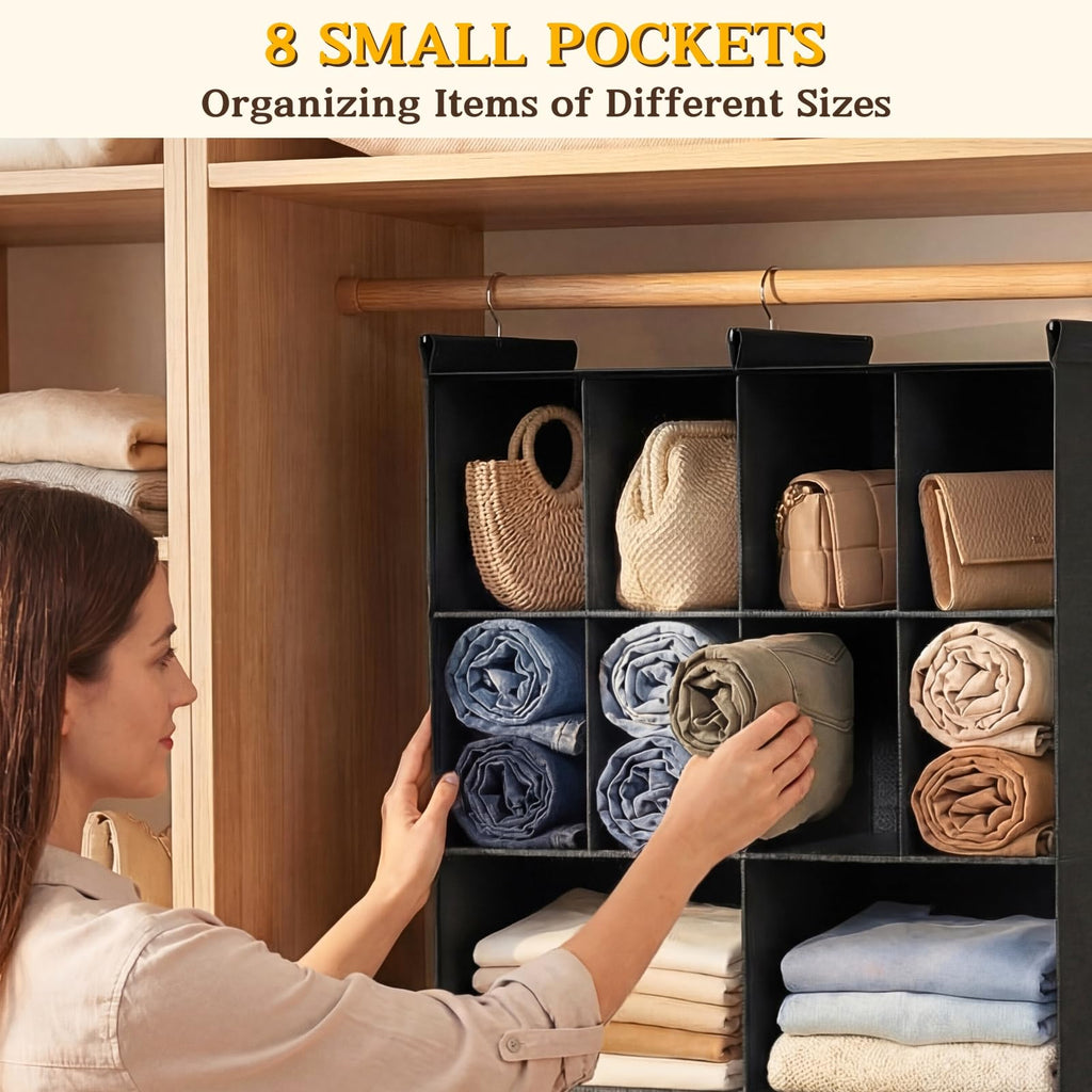 3 Tier Hanging Closet Organizer, 10 Compartments Dual Row Storage, Black