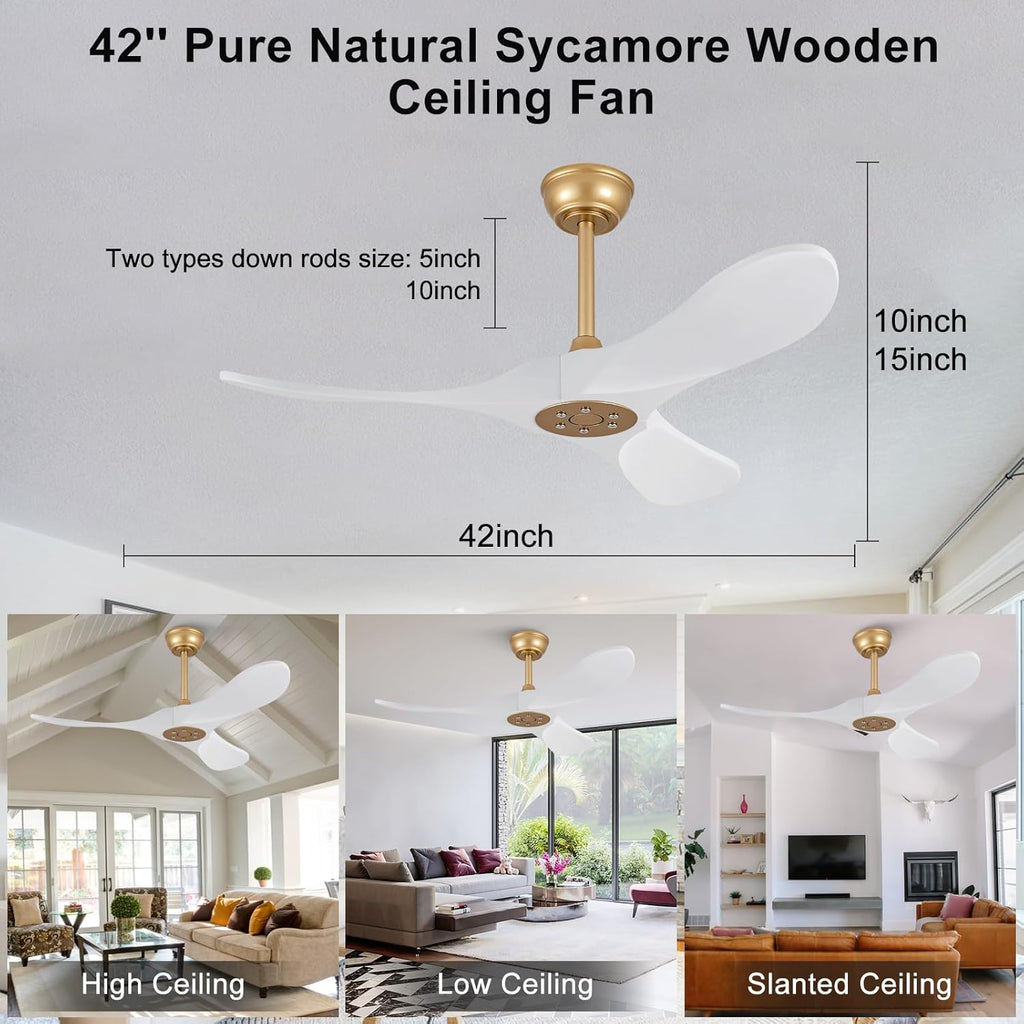 Inspired Maverick Style 42 Inch Solid Wood Ceiling Fan with Remote,White and Gold, no Light, 6 Speeds, Reversible DC Motor, Modern Ceiling Fans Without Lights for Outdoor Indoor Bedroom Farmhouse,Patios A101-B0DGXV4NBQ