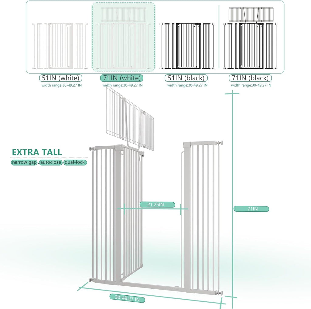 71" Extra Tall Cat Gate for Doorway - 30"-49.27" Extra Wide Pet Gate with Adjustable Cat Door Wide, Auto Close