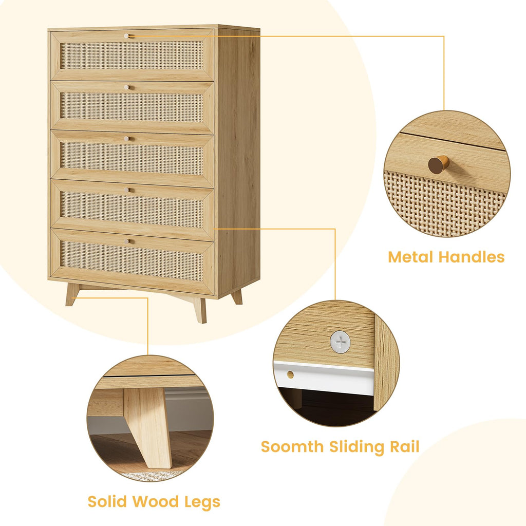 Rattan Dresser with 7 Drawer, Modern Double Wooden Tall Bedroom Dresser, Chest of Drawers with Metal Handle & Solid